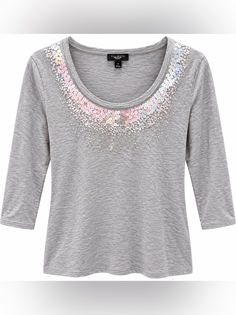 Talbots Embellished Petite Medium Gray Sequin 3/4 Sleeve Top NWOT